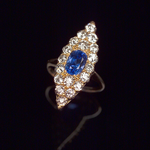 Appraisal: VICTORIAN Sapphire and diamond navette ring in k yellow gold