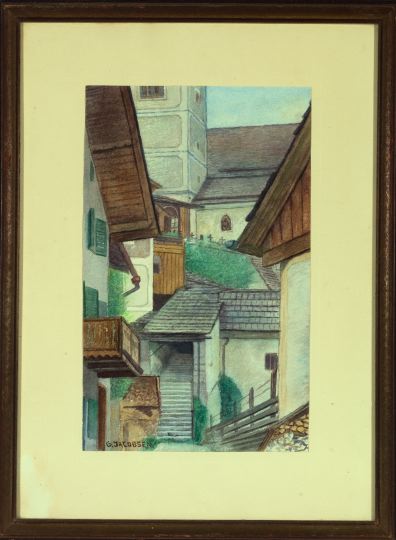 Appraisal: Georg Jacobsen Danish - Village Rooflines watercolor on paper sheet