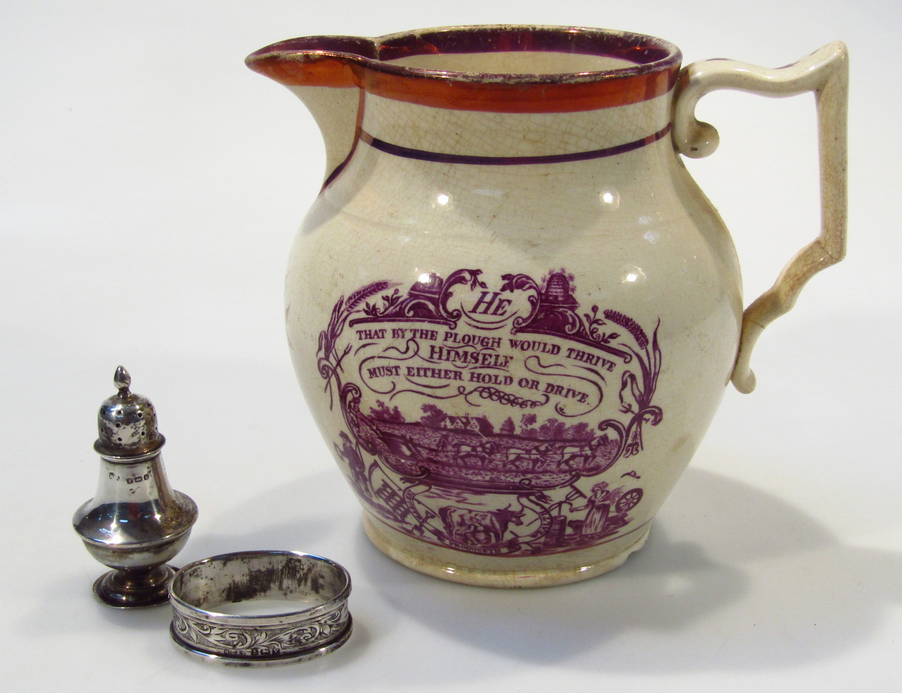 Appraisal: A thC Staffordshire pink lustre jug That By The Plough