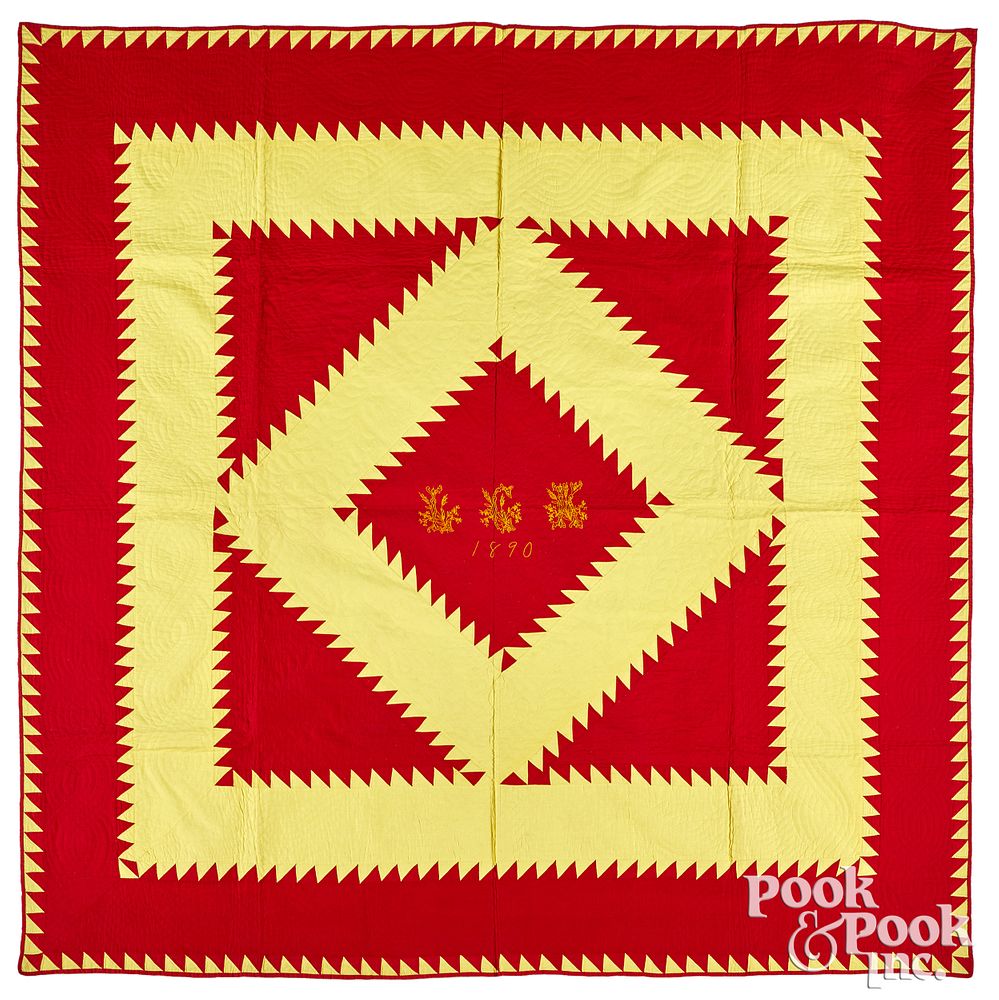 Appraisal: Vibrant red and yellow sawtooth diamond quilt Vibrant red and