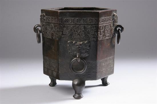 Appraisal: CHINESE BRONZE CENSER Ming Dynasty Hexagonal-form cast with bands of