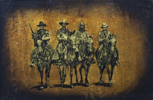 Appraisal: Framed gold leaf foil art on glass Cowboys on Horseback