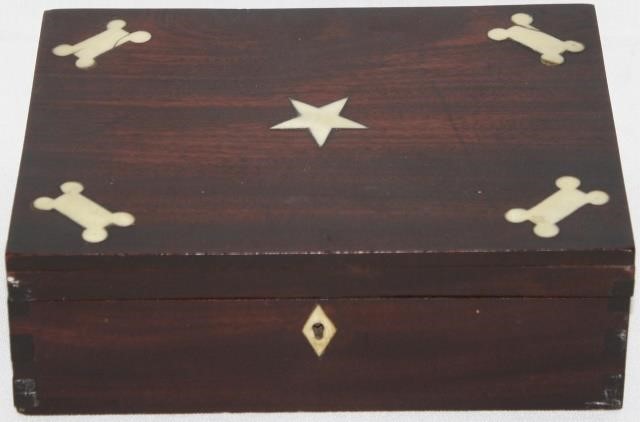 Appraisal: TH CENTURY INLAID WALNUT DOVETAILED BOX WITHSTAR AND BONE DECORATION