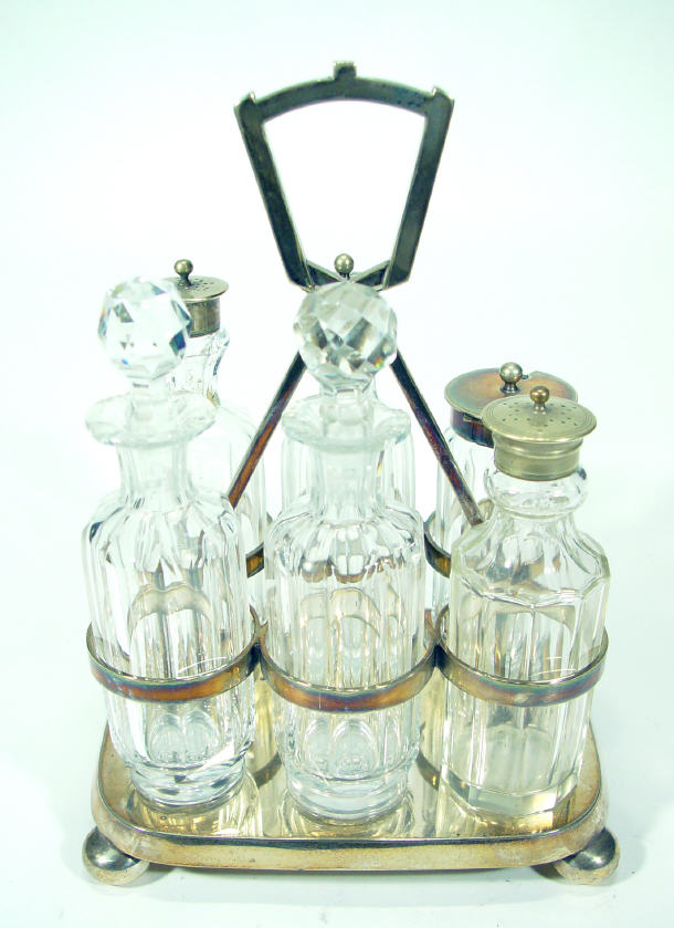 Appraisal: Art Deco silver plated six bottle cruet set with cut