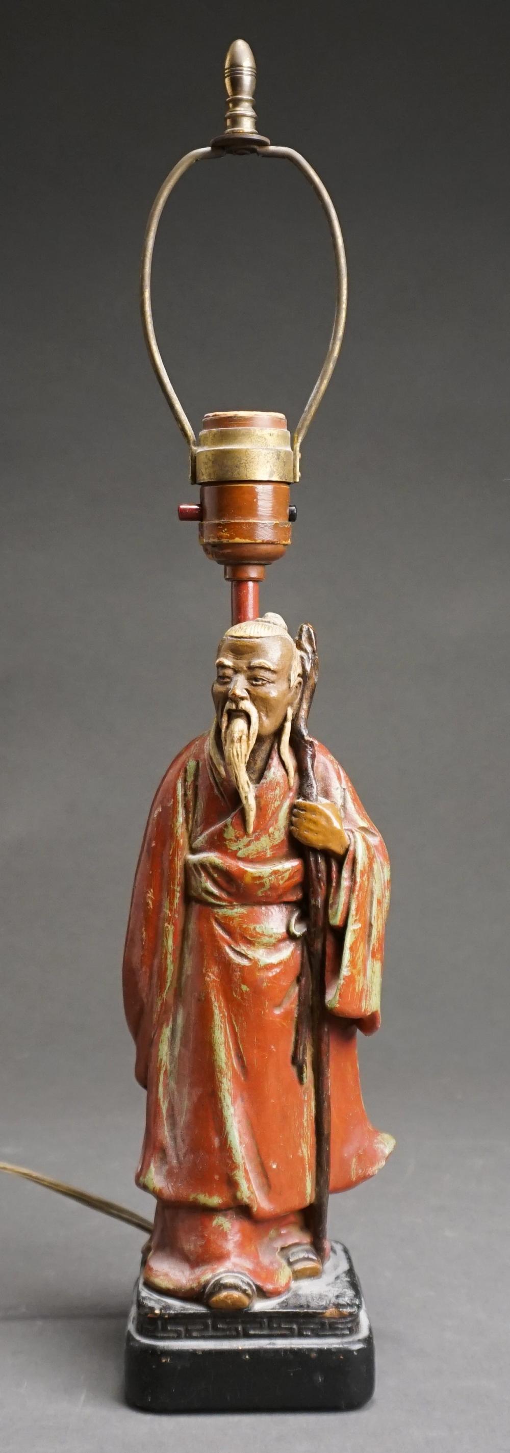 Appraisal: Chinese Painted Plaster Figure of Sage Mounted as Lamp in