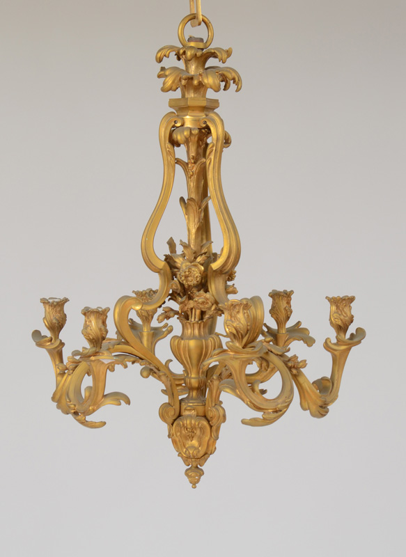 Appraisal: LOUIS XV STYLE GILT-BRONZE SIX-LIGHT CHANDELIER The foliate corona above