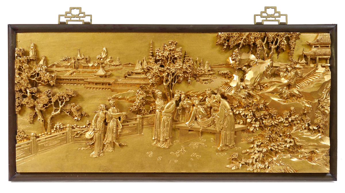 Appraisal: CARVED GILT WOOD CHINESE WALL PANEL Relief carved scene depicts