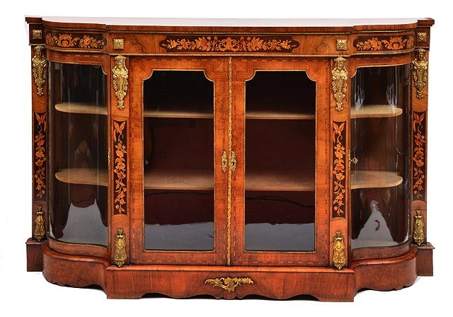 Appraisal: A VICTORIAN FIGURED WALNUT AND MARQUETRY INLAID SERPENTINE SIDE CABINET