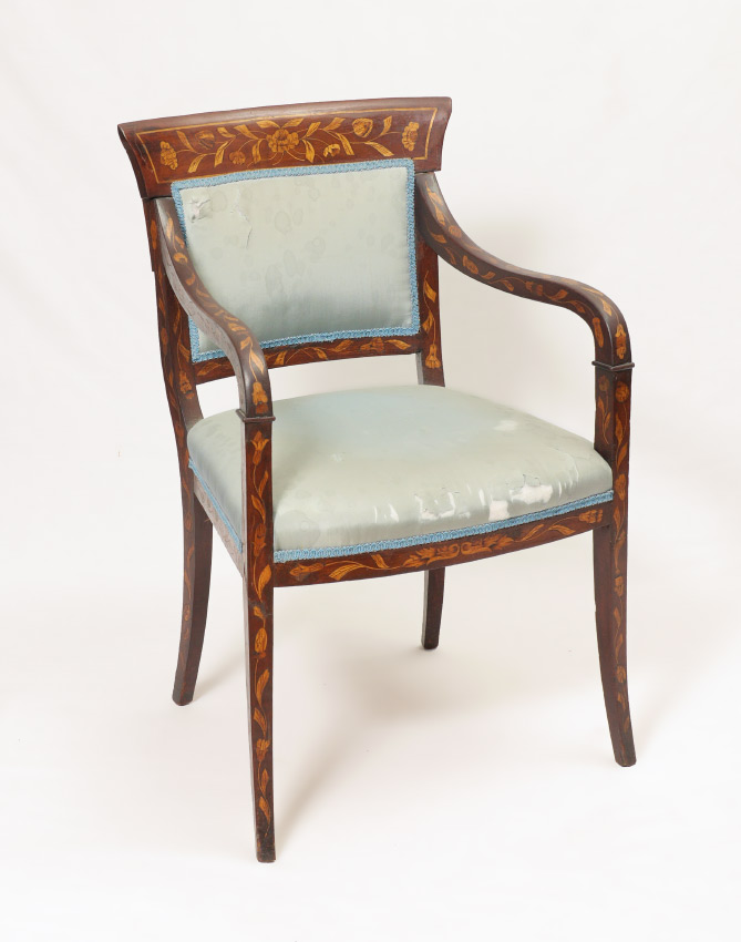 Appraisal: DUTCH MARQUETRY INLAID ARM CHAIR Floral motif marquetry inlay all