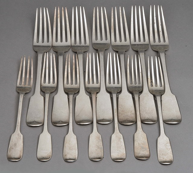 Appraisal: A SET OF SEVEN IRISH SILVER FORKS with engraved stags