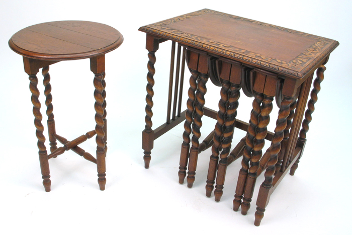 Appraisal: AN UNUSUAL SET OF FIVE CARVED OAK OCCASIONAL TABLES American