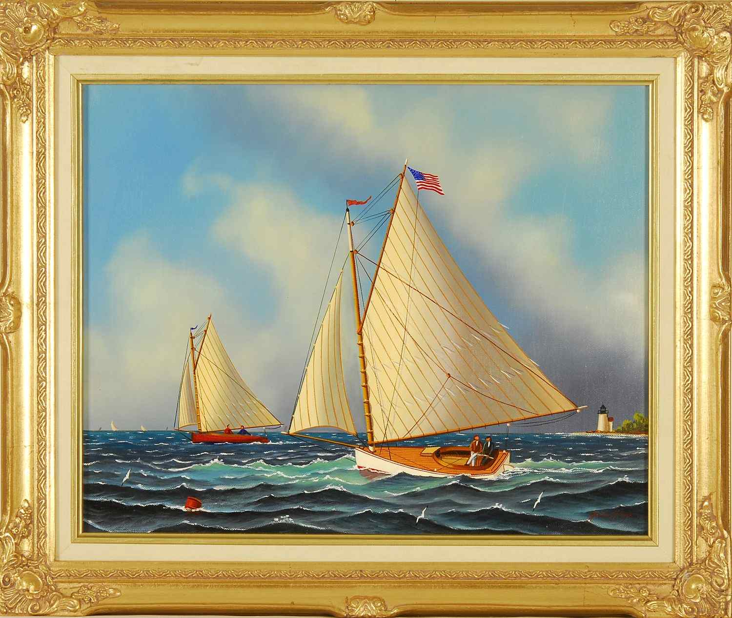 Appraisal: JEROME HOWESAmerican b Catboats off a lighthouse Signed lower right