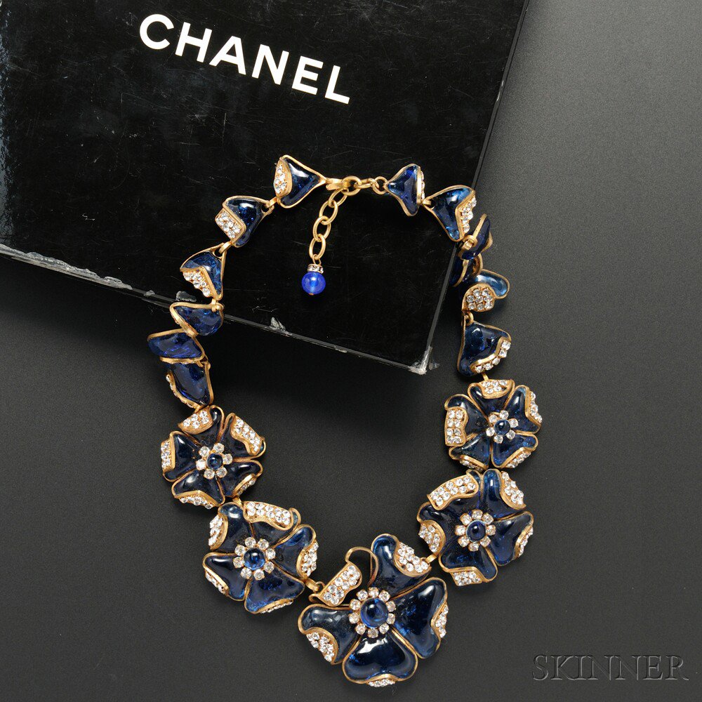 Appraisal: Chanel Blue Glass Floriform Necklace with gold-tone detail and inset