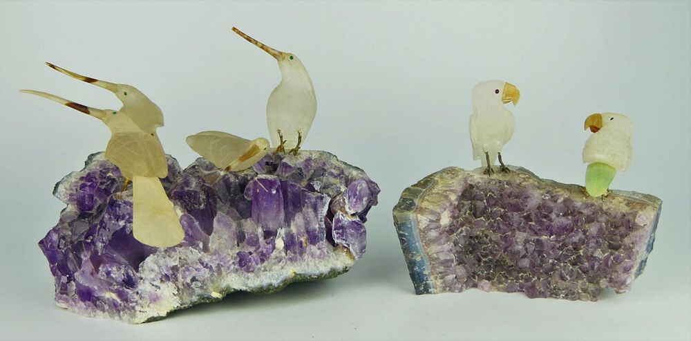 Appraisal: AMETHYST GEODES WITH ROCK CRYSTAL BIRDS There are of these