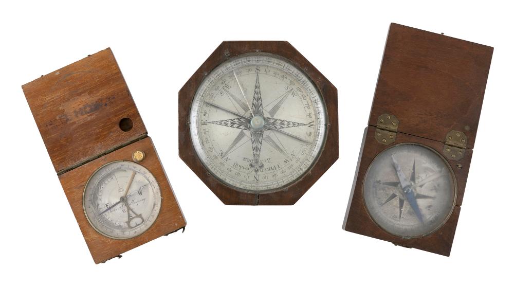 Appraisal: THREE MAHOGANY-CASED COMPASSES TH CENTURY CASE WIDTHS FROM TO THREE