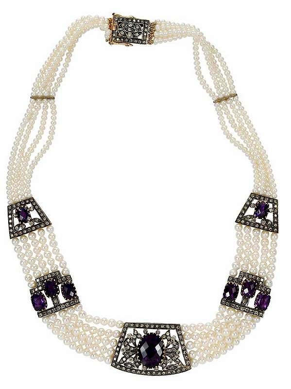 Appraisal: Silver Gold Amethyst Diamond Pearl Necklace antique style multi-strand pearls