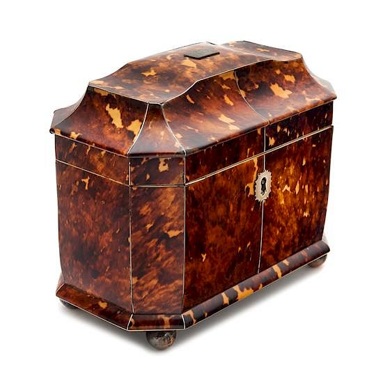 Appraisal: An English Silver Lined Tortoise Shell Tea Caddy Height x