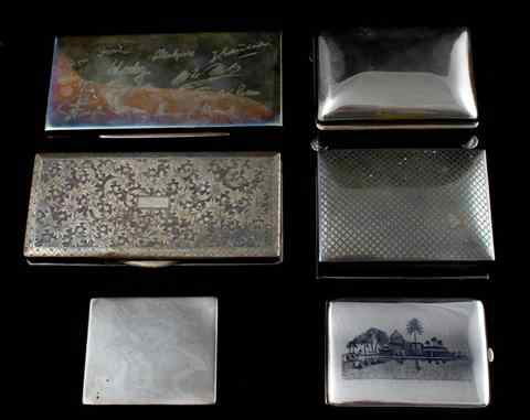 Appraisal: SIX VARIOUS SILVER PLATE AND METAL CIGARETTE BOXES all rectangular