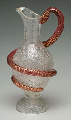 Appraisal: Victorian glass pitcher clear crackle glass with applied coiled cranberry