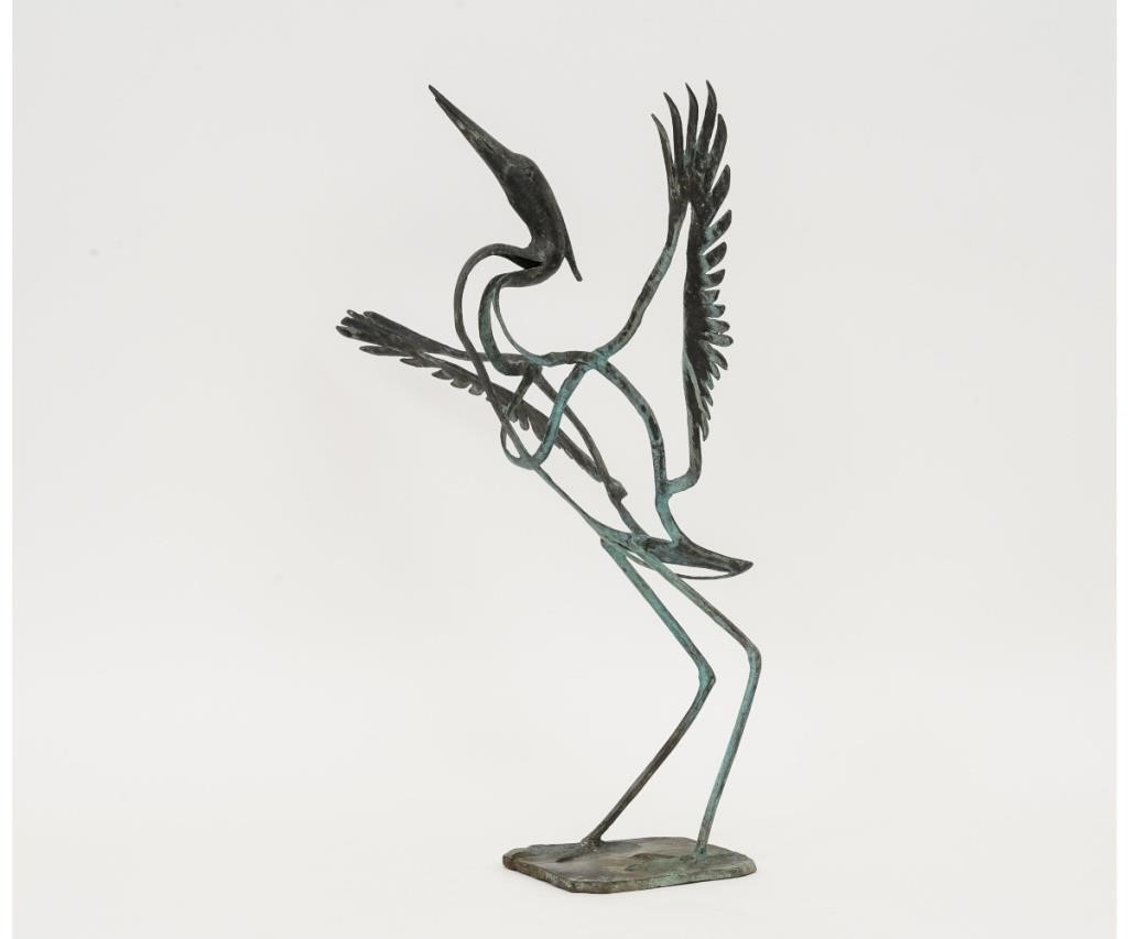 Appraisal: Bronze verdigris of a flying Heron th c mounted on