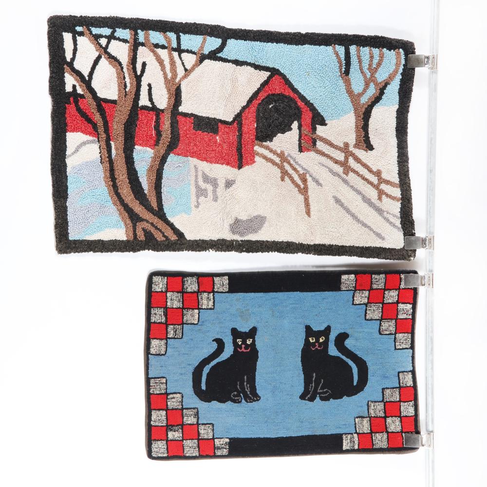 Appraisal: TWO VINTAGE AMERICAN COUNTRY HOOKED RUGS SCENIC COVERED BRIDGE AND