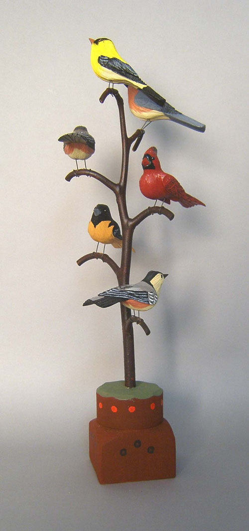 Appraisal: Contemporary carved and painted bird tree h Provenance Collection of