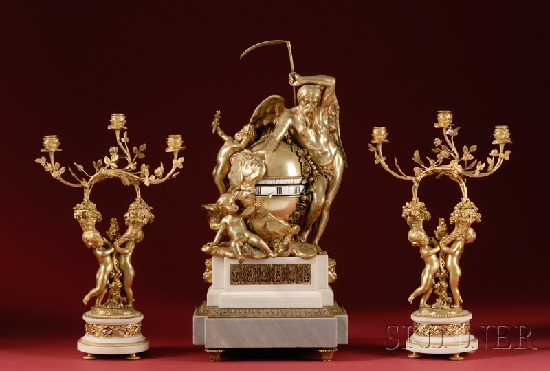 Appraisal: Impressive Louis XV-style Bronze and Marble Mantel Clock with Pair