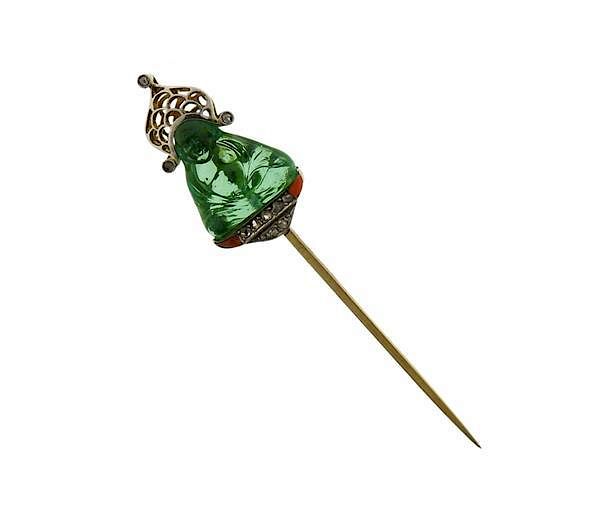 Appraisal: K Gold Carved Stone Diamond Coral Buddha Stick Pin METAL