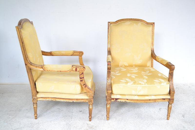 Appraisal: A PAIR OF LOUIS XVI STYLE GILT ARM CHAIRS A