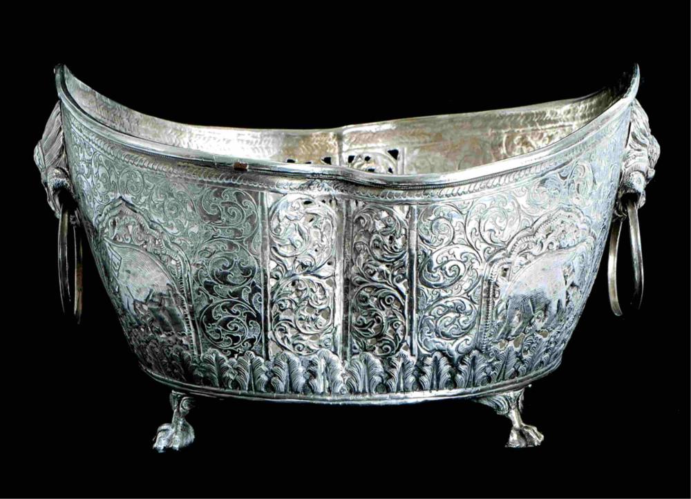 Appraisal: CONTINENTAL SILVER ON COPPER FOOTED JARDINIEREIndo-Portuguese style silver on copper