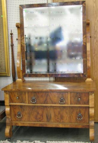 Appraisal: Empire Style antique dresser four drawers beveled edge mirror crotch