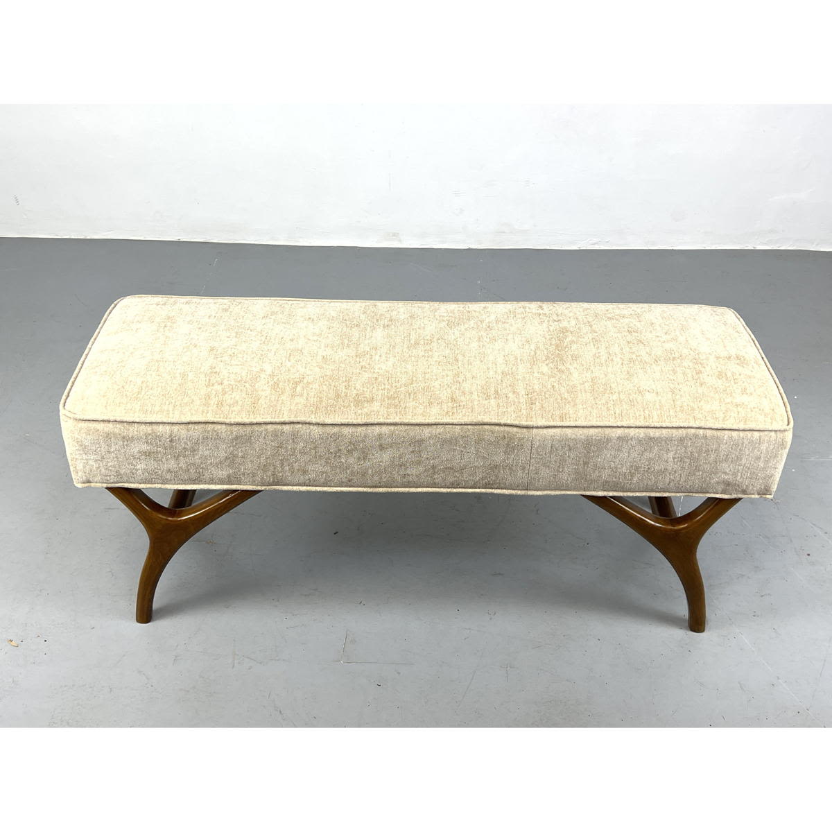 Appraisal: Adrian Pearsall style Walnut Upholstered Bench Tan Upholstered Bench Organic