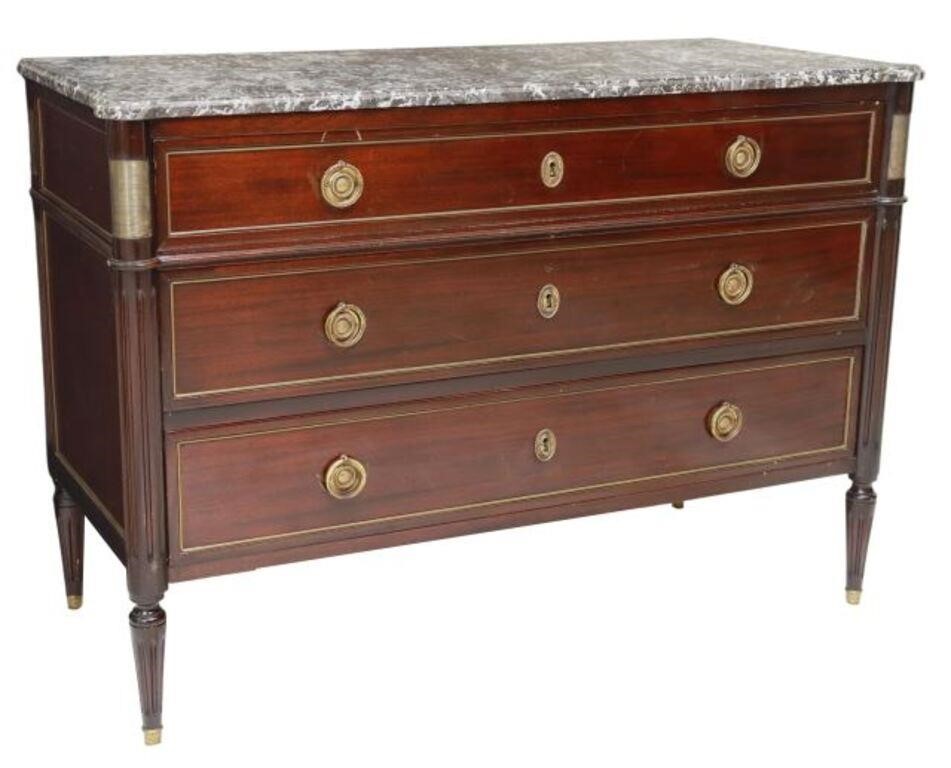 Appraisal: French Louis XVI style mahogany commode th c shaped marble