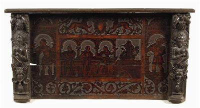 Appraisal: An Italian cedar poker work panel decorated with lions a