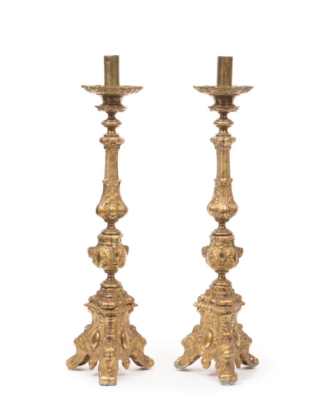 Appraisal: Pair of Antique French Brass Candlesticks foliate design tripartite base