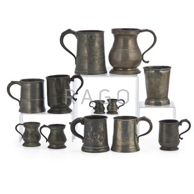 Appraisal: CONTINENTAL PEWTER Twelve measures and mugs up to quart size