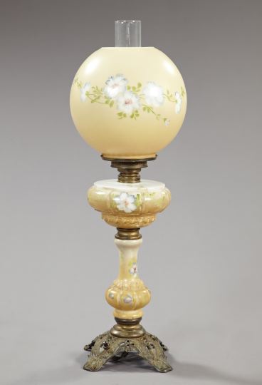 Appraisal: American Brass- and Gilt-Reticulated Opal Glass Kerosene Parlor Lamp fourth