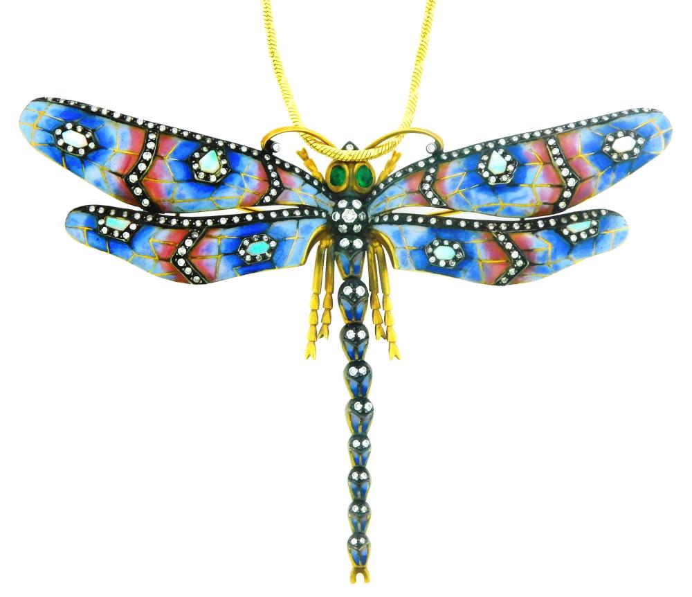 Appraisal: JEWELRY K Enameled dragonfly pendant brooch with chain details include