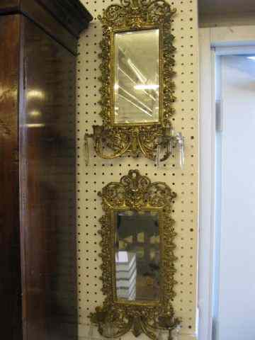 Appraisal: Pair of Brass Wall Sconces double sconce beveled mirrors god