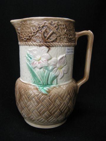 Appraisal: Majolica Pottery Water Pitcher floral basketweave design excellent