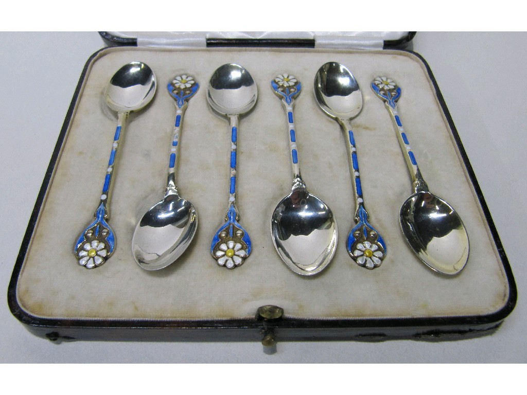 Appraisal: Cased set of six silver and floral enamel spoons Birmingham