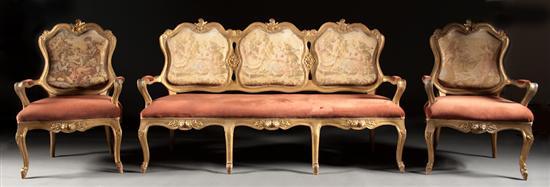 Appraisal: Louis XV style giltwood tapestry upholstered three-piece parlor suite early