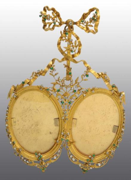 Appraisal: Bronze Jeweled Double Picture Frame Description Includes over precious jewels