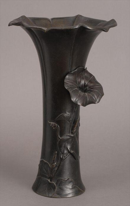 Appraisal: JAPANESE SIGNED BRONZE BEAKER-FORM VASE With -paneled everted scalloped rim