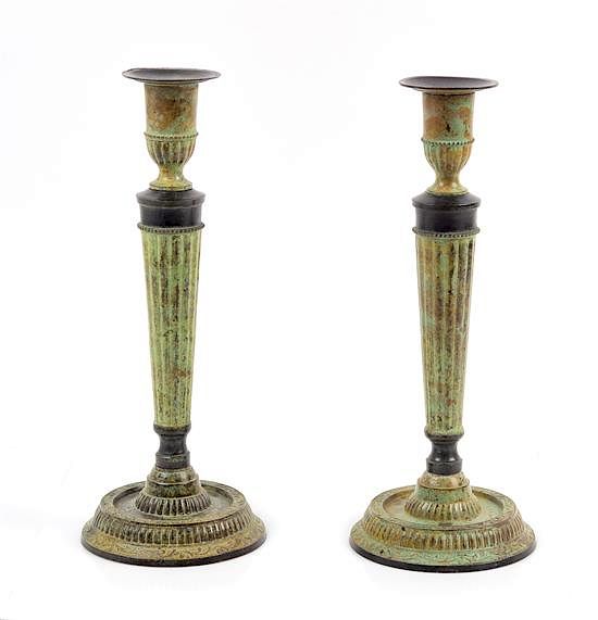 Appraisal: A Pair of Empire Style Patinated Bronze Candlesticks Height inches