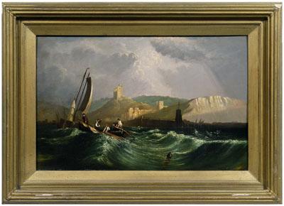 Appraisal: British School maritime painting coastal scene with fishing vessels in