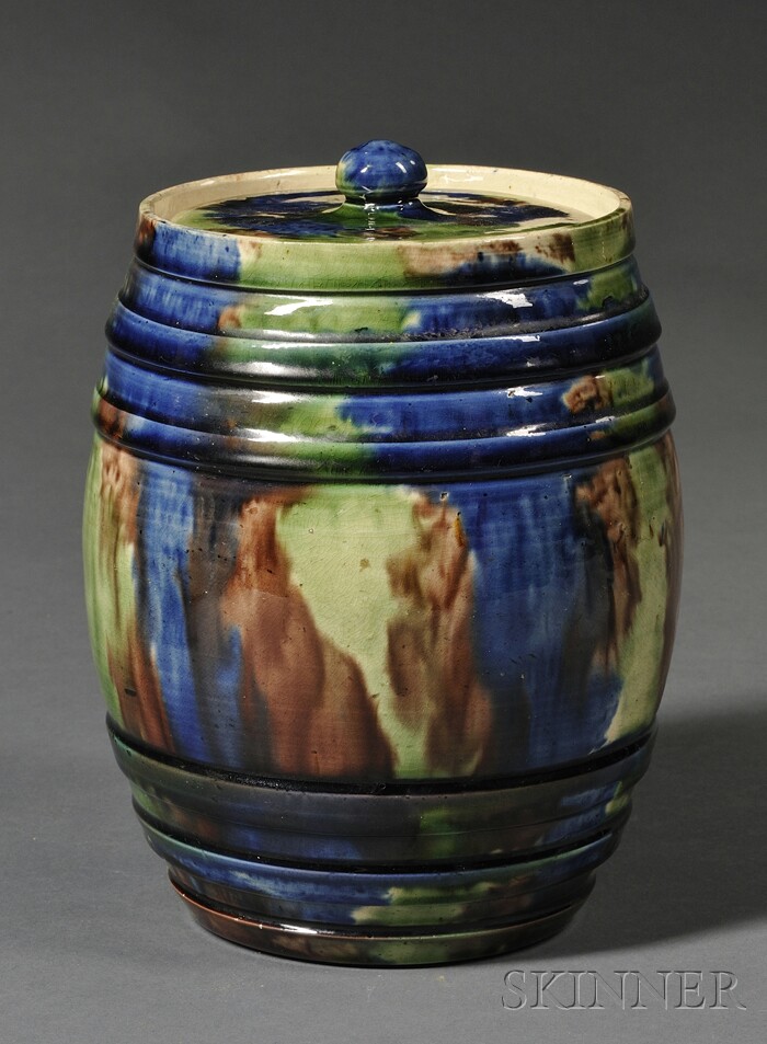 Appraisal: Polychrome Glazed Barrel-form Pottery Covered Jar attributed to Dunmore Pottery