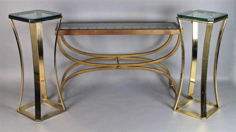 Appraisal: PARSONS METAL TABLE TOGETHER WITH A PAIR OF GLASS TOPPED