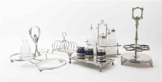 Appraisal: A Silverplate and Molded Glass Cruet Set of hexagonal handled