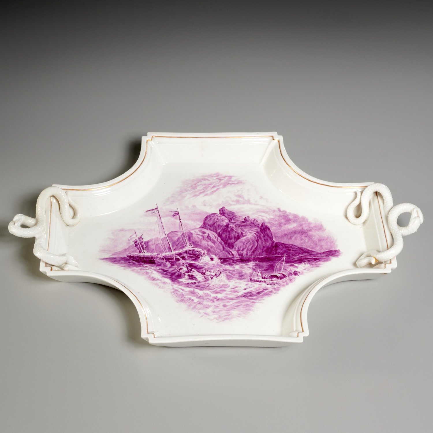 Appraisal: MEISSEN PANEL-DECORATED PORCELAIN TRAY th c Germany monochrome purple enameled